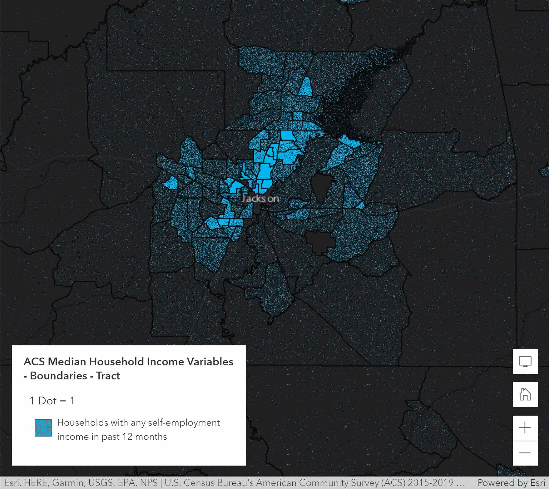 Map illustrating how many people in the Jackson, MS metro area who earn a portion of their annual household income from self-employment (1 dot = 1 person).